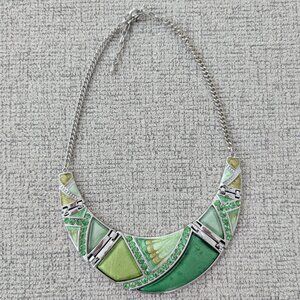 Olive, Jade, and Lime Green Geometric Necklace with Silver Tone and Rhinestones